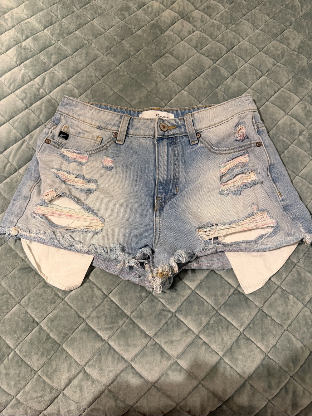 Kancan Rainbow Thread Distressed Denim Shorts - size 27